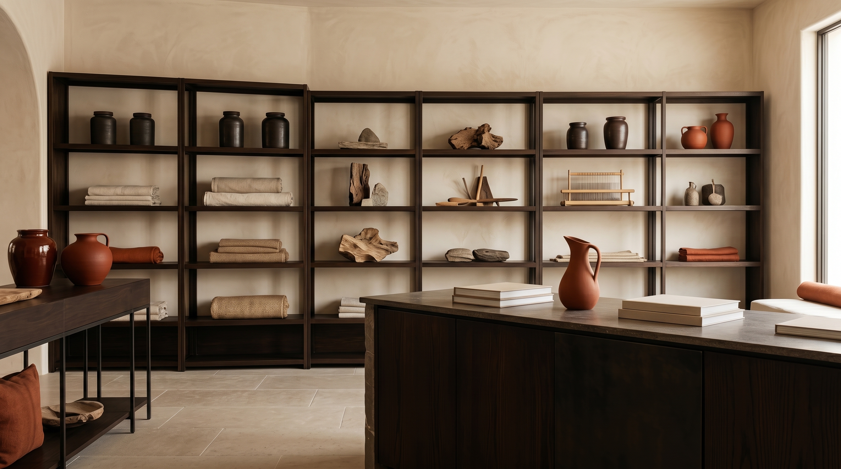 Editorial wide-angle interior of a calm yoga retail space with neutral wood props, folded apparel, and warm directional natural light — no faces, no logos.